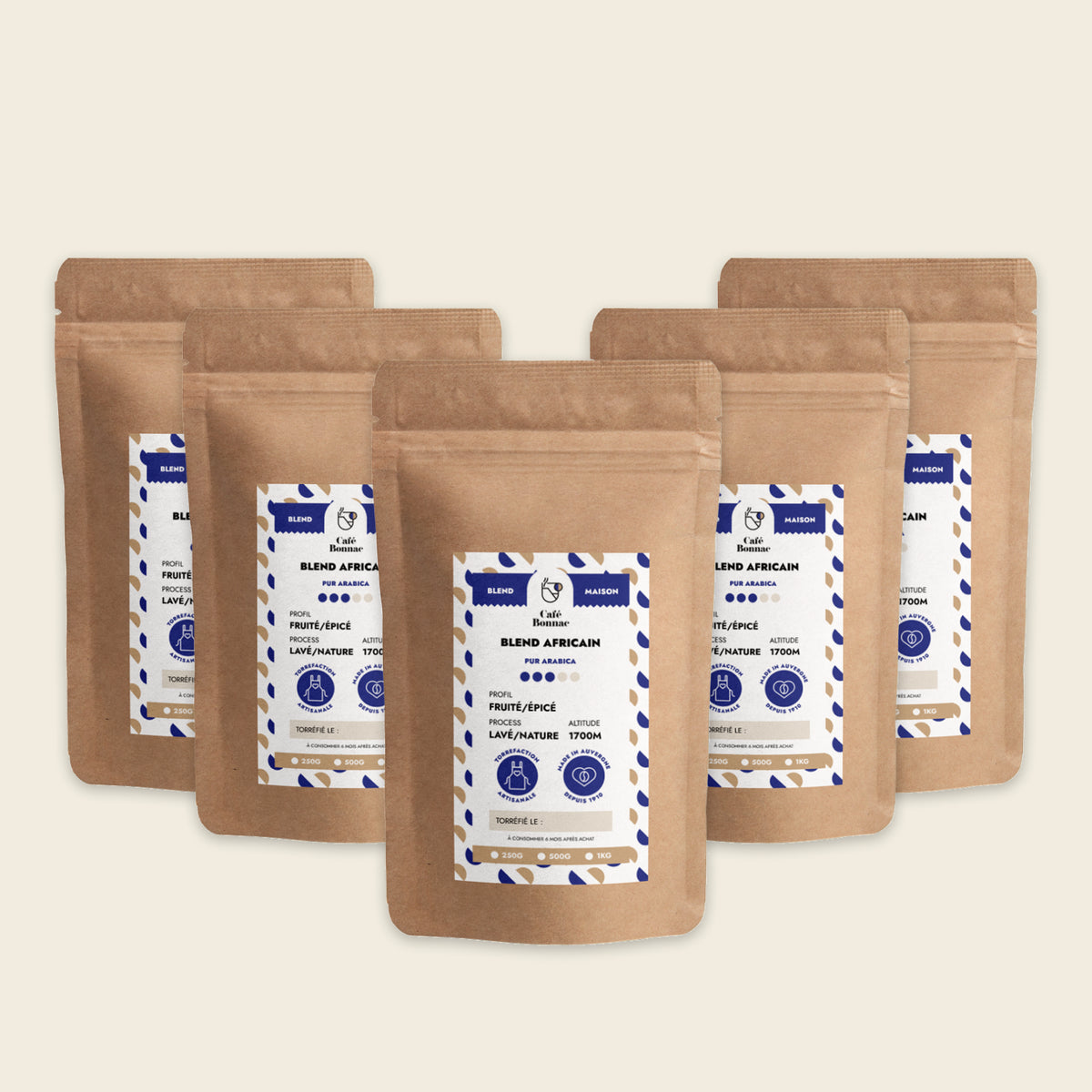 5 paquets de café en grains Blend Africain de Café Bonnac, conditionnement professionnel de 5 kg.