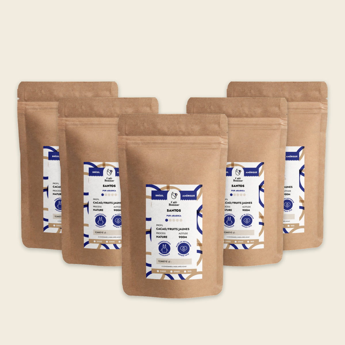 5 paquets de café en grains Brésil Santos de Café Bonnac, conditionnement professionnel de 5 kg.