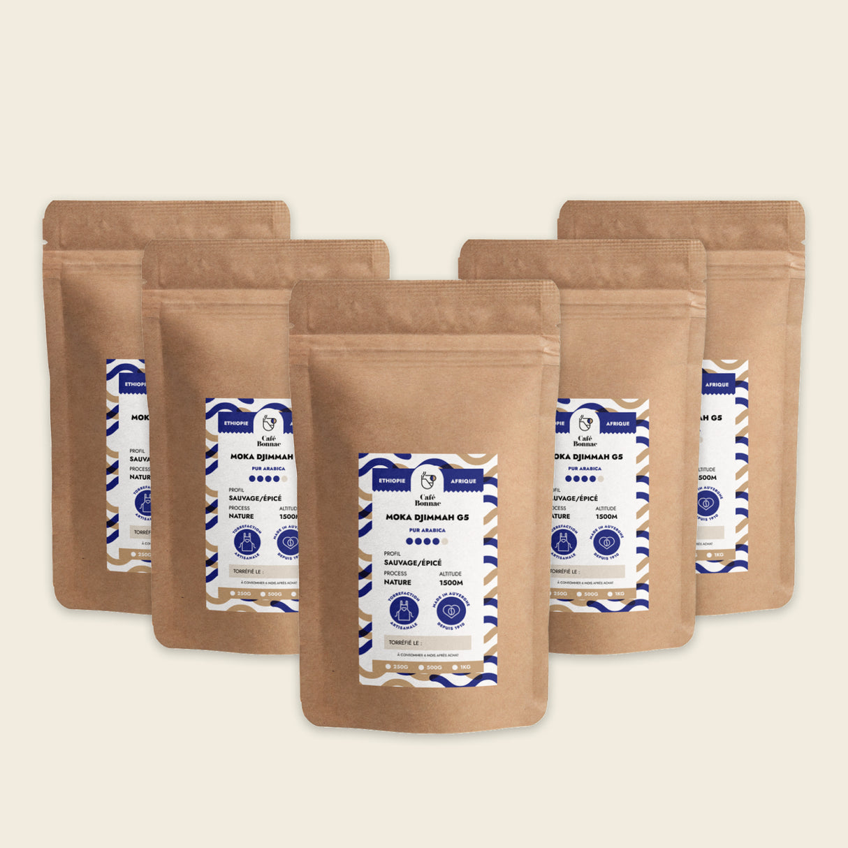 Sachets de café en grains Moka d’Éthiopie de 1 kg, format professionnel de 5 kg.