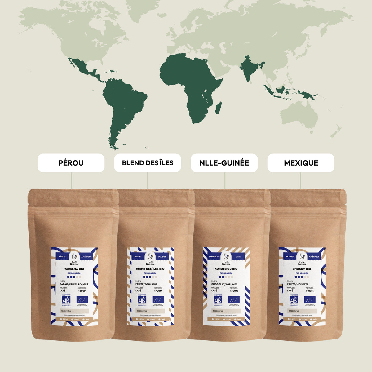 Coffret Découverte Cafés BIO avec quatre cafés aux origines différentes