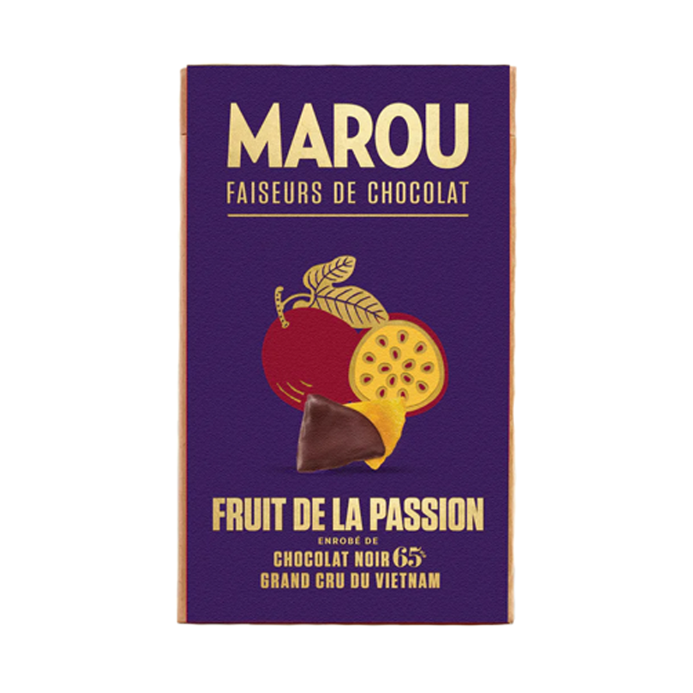 Tranchettes fruit de la passion chocolat noir Marou 100g – alliance gourmande entre acidité fruitée et cacao vietnamien