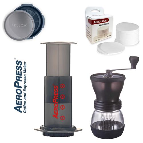Pack Aeropress + moulin Skerton + Filtres + Fellow prismo + 3x250Gr café