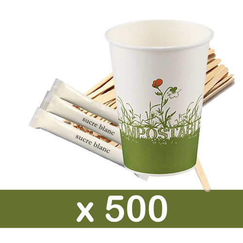 Pack pause-café recyclable | Gobelets 10 cl recyclables - Buchettes de Sucre blanc - Agitateurs en bois x500
