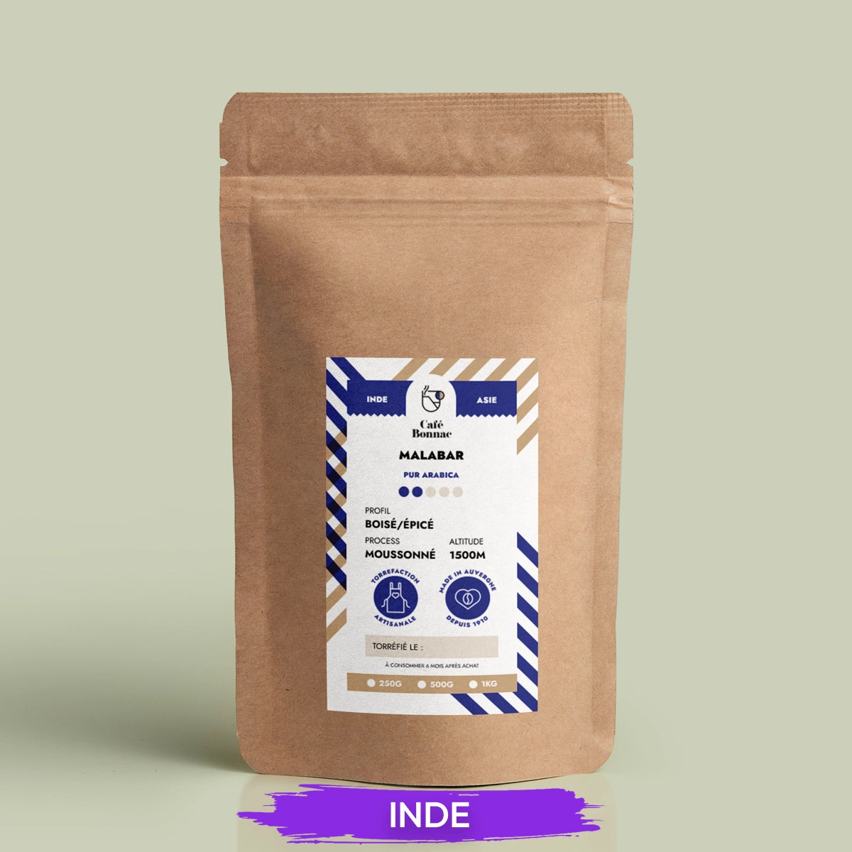 Sachet café moulu Inde Malabar Moussonné Café Bonnac 250g, arabica Karnataka Kerala Goa