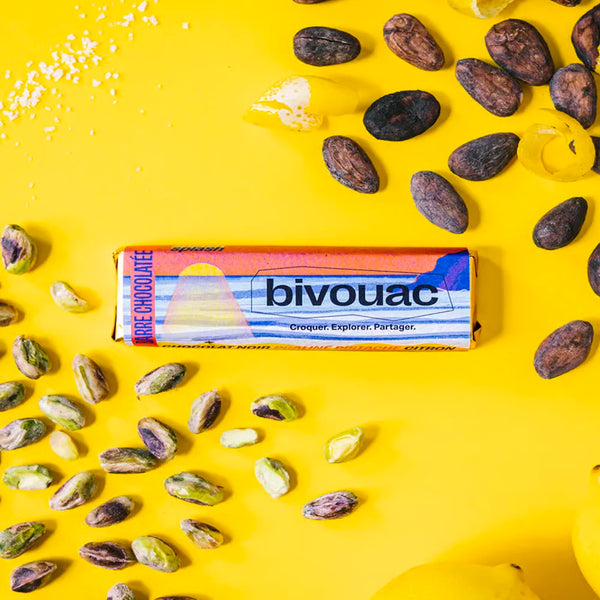 Barre Chocolat Noir 70% cacao "Splash" Praliné Pistache Citron 48Gr de Bivouac