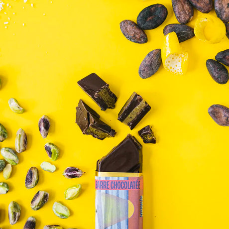 Barre Chocolat Noir 70% cacao "Splash" Praliné Pistache Citron 48Gr de Bivouac