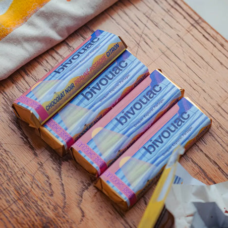 Barre Chocolat Noir 70% cacao "Splash" Praliné Pistache Citron 48Gr de Bivouac
