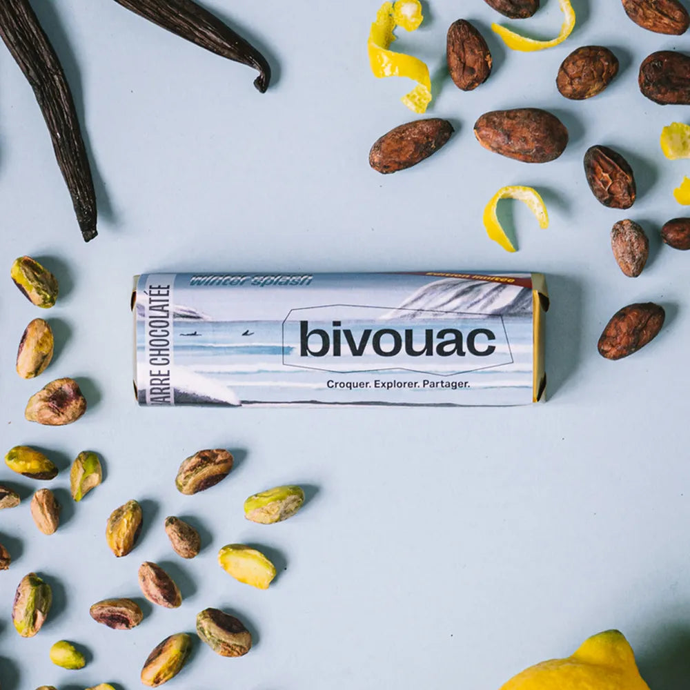 Barre Chocolat Blanc 66% Winter Pistache Vanille Citron de Bivouac
