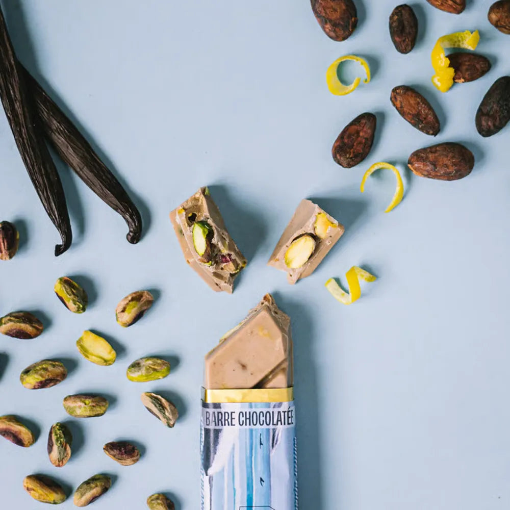 Barre Chocolat Blanc 66% Winter Pistache Vanille Citron de Bivouac