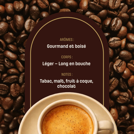 Café en grains Blend Perla aux notes de chocolat, de fruits à coque et de tabac boisé.