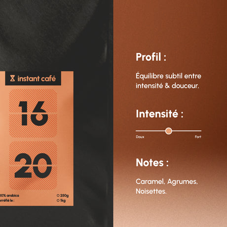 Café moulu 16H20, blend harmonieux 100 % Arabica.