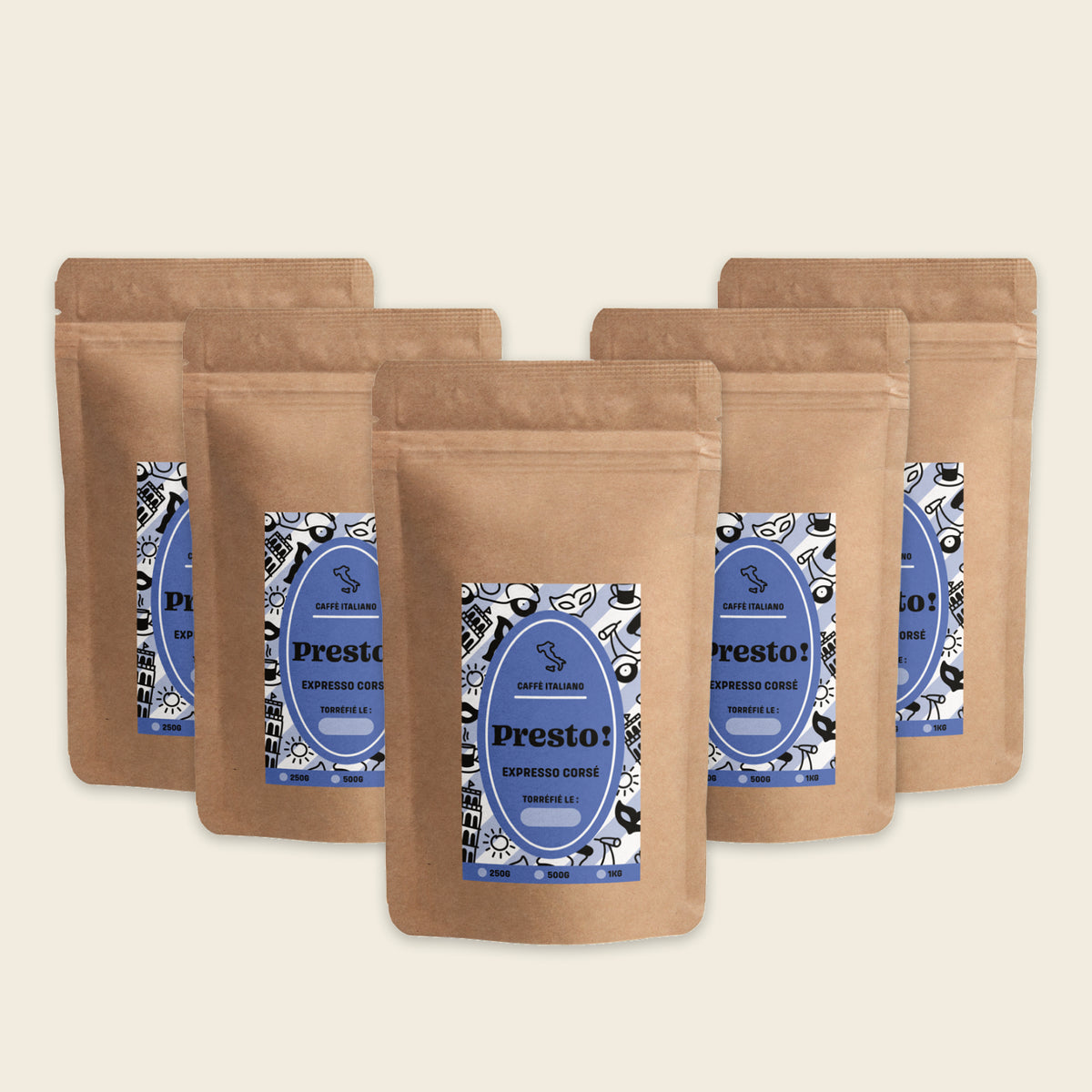 Café Presto Blend Expresso Corsé en grains, mélange Arabica Robusta, format professionnel 5 kg.