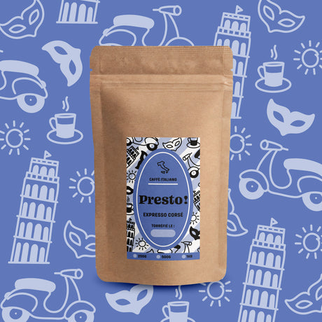 Café Presto Blend Expresso Corsé en grains, mélange Arabica et Robusta.