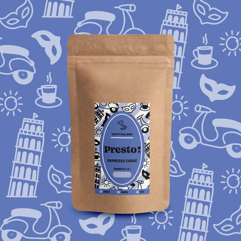 Café Presto Blend Expresso Corsé en grains, mélange Arabica et Robusta.