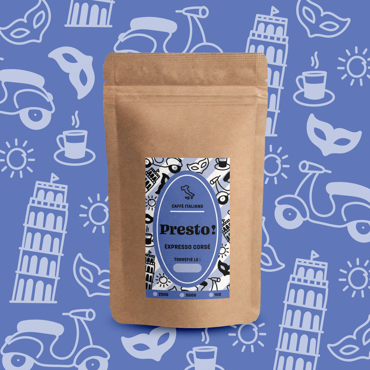 Café Presto Blend Expresso Corsé moulu, mélange Arabica et Robusta.