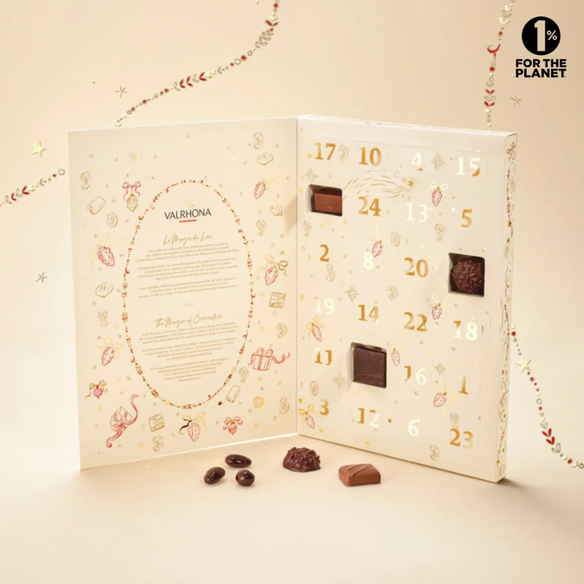Calendrier Valrhona avec assortiment de chocolats noirs et au lait