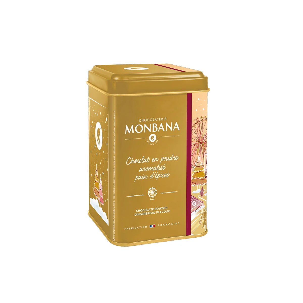 Boîte dorée de chocolat en poudre Monbana aromatisé au pain d’épices, 250 g