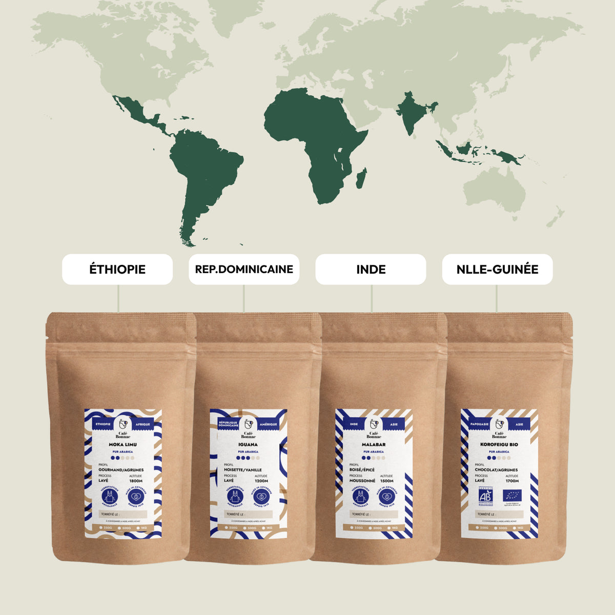 Coffret Découverte avec cafés Éthiopie Limu, Barahona, Inde Malabar et Korofeigu Bio