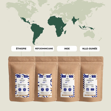 Coffret Découverte avec cafés Éthiopie Limu, Barahona, Inde Malabar et Korofeigu Bio