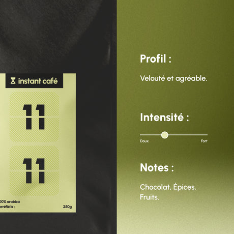 Instant Café 11H11 moulu, blend 100 % Arabica au corps velouté.