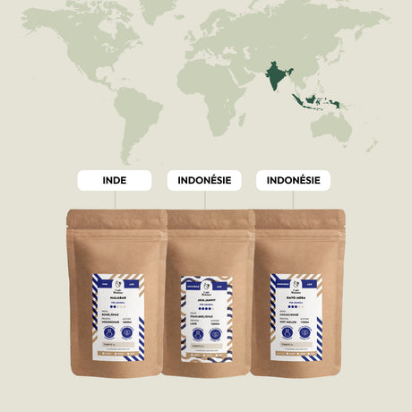 Pack de trois cafés d’Asie : Malabar, Gayo Mera et Java Jampit
