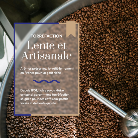 Café torréfié lentement et artisanalement en France depuis 1901 pour préserver ses arômes.